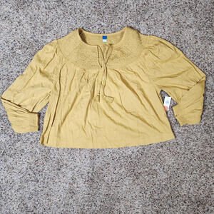 Old Navy Blouse Women's Small Tidewater Long-Sleeve Embroidered Tie Mustard NWT
